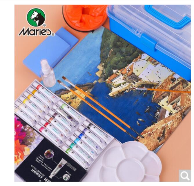 马利（Marie's）18色12ml水粉颜料套装 8件初学绘画套装含工具箱